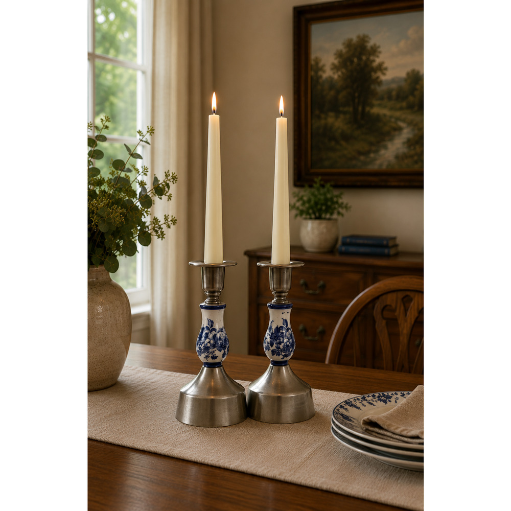 Vintage Pair of Blue White Floral Motif Ceramic & Pewter Candle Holder Delft 90s